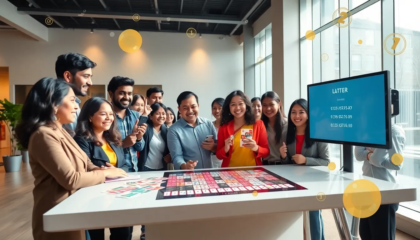 diverse group enjoying a lottery game in a modern setting.