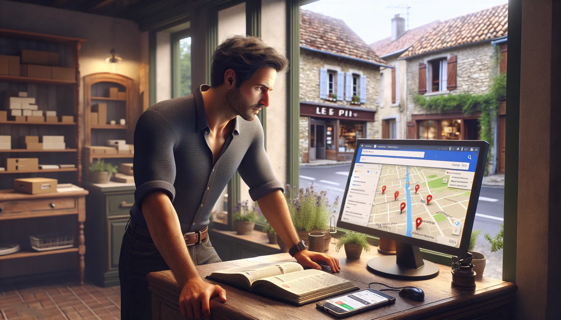 Local shop owner in Le Pin checking improved Google search visibility on computer.