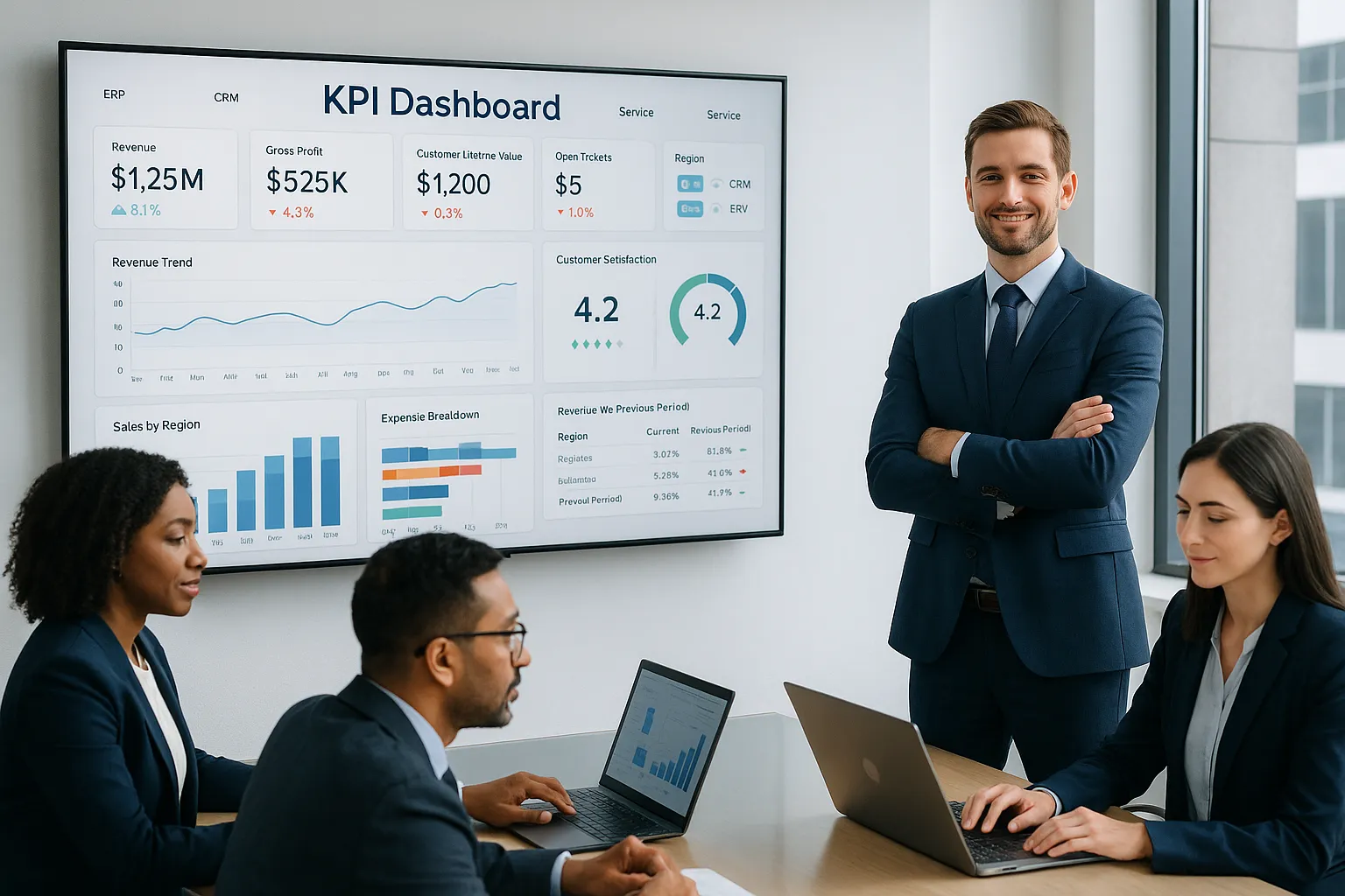 Team reviewing KPI dashboard in a modern office.