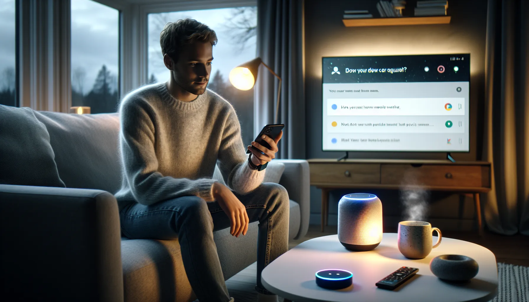 Hvordan stemmesøk og taleassistenter endrer seo-spillet 2 Young norwegian using voice search on smartphone with smart speaker and tv nearby.
