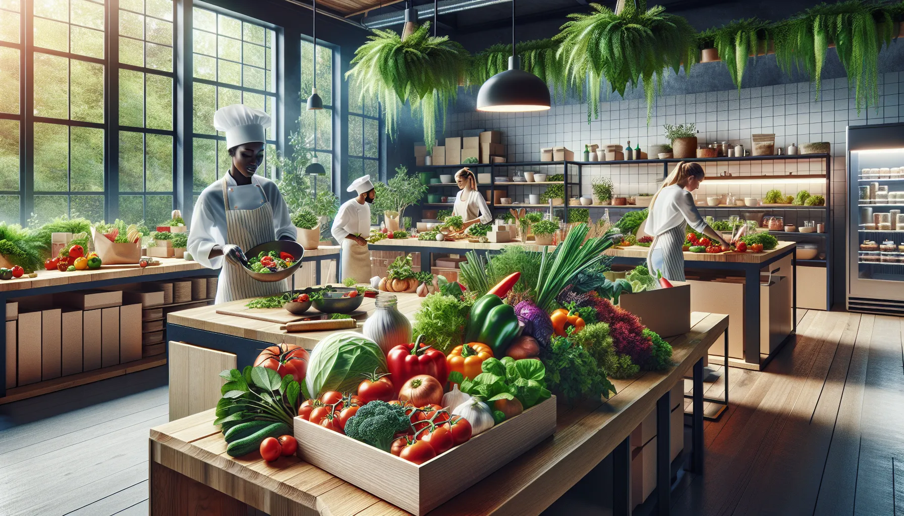 diverse team preparing fresh, local ingredients in a sustainable kitchen.
