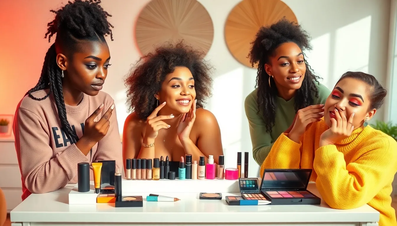 diverse Gen Z individuals exploring innovative makeup trends in a bright studio.