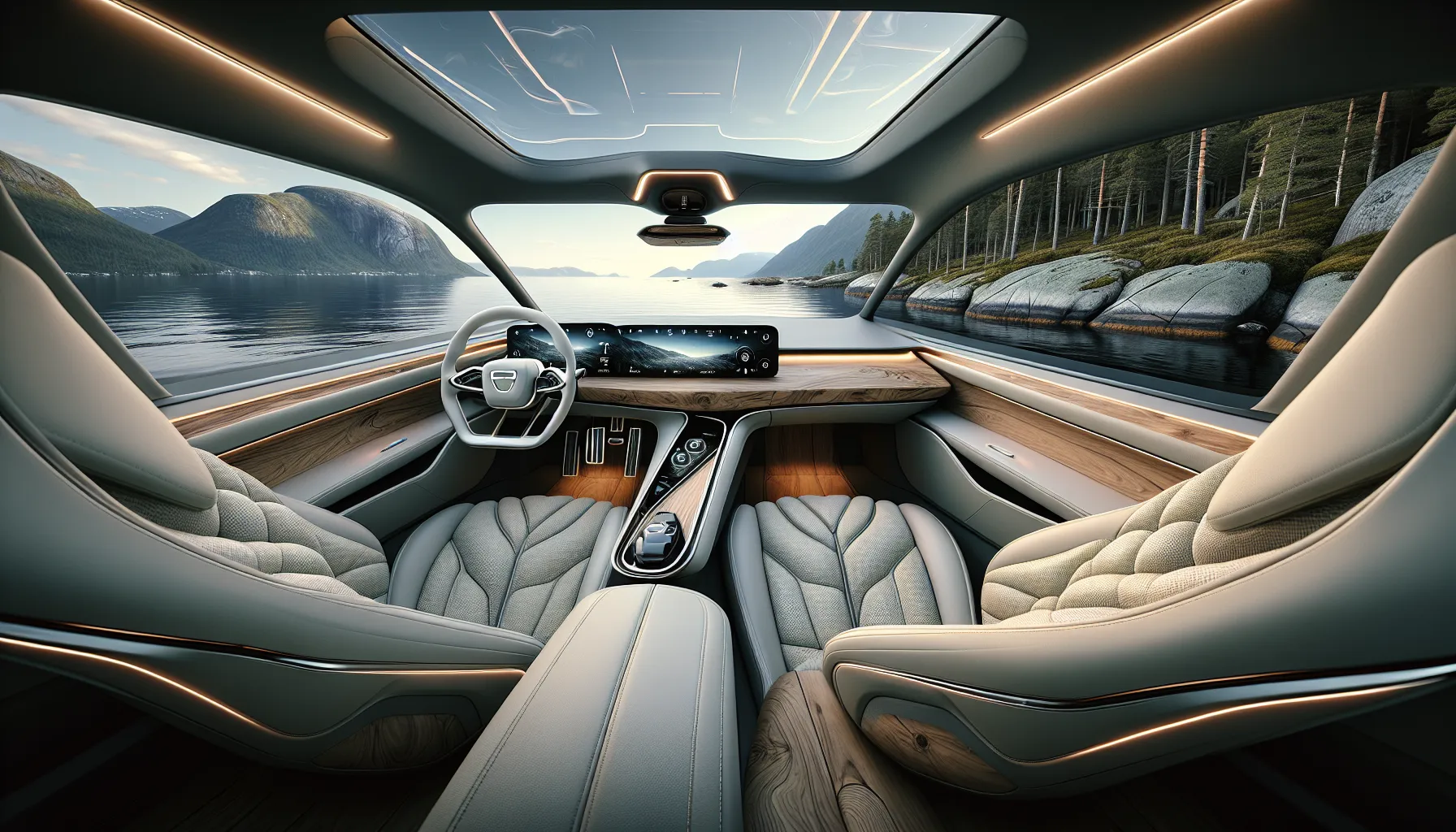 Luxury EV interior with wood, soft leather, and a Norwegian fjord outside.