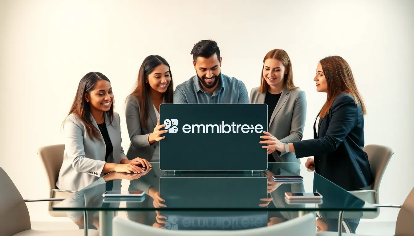 diverse team collaborating on a laptop in a modern office.