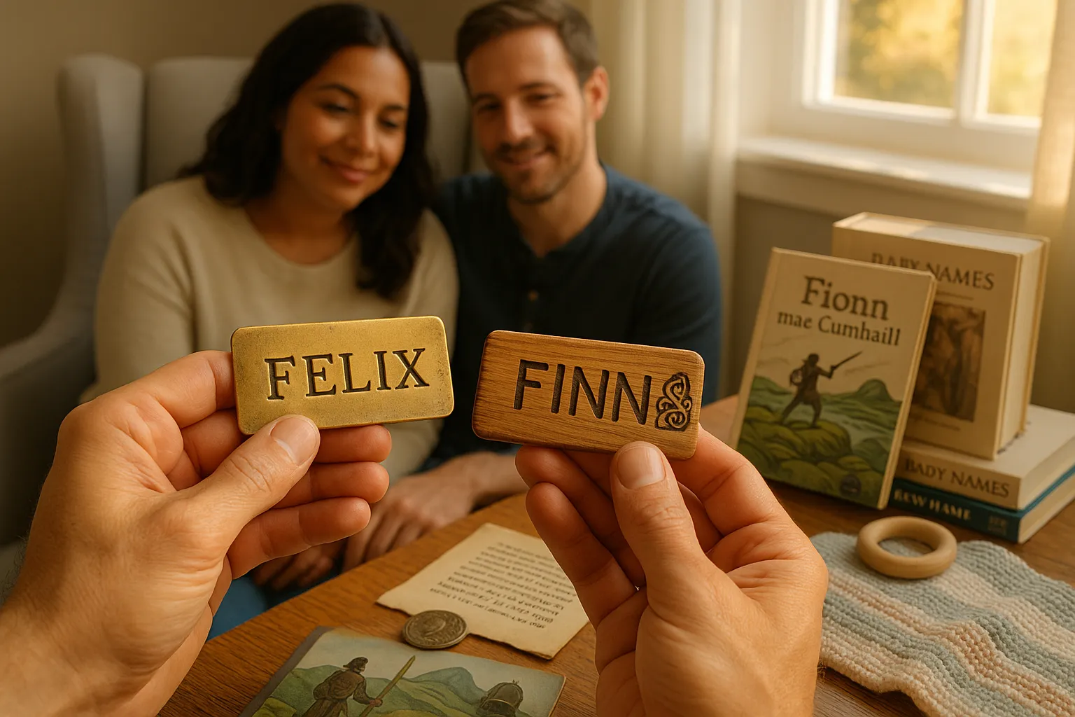 Parents comparing brass “Felix” plaque and wooden “Finn” tag in a sunlit nursery.