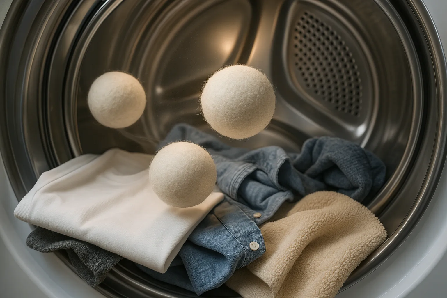 Wool dryer balls bouncing among clothes inside a dryer, showing airflow and moisture.