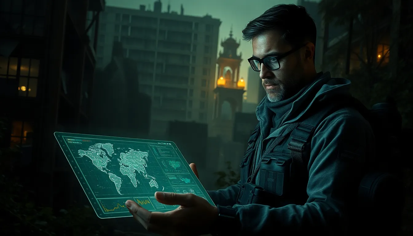 scientist in a post-apocalyptic environment using a holographic interface.