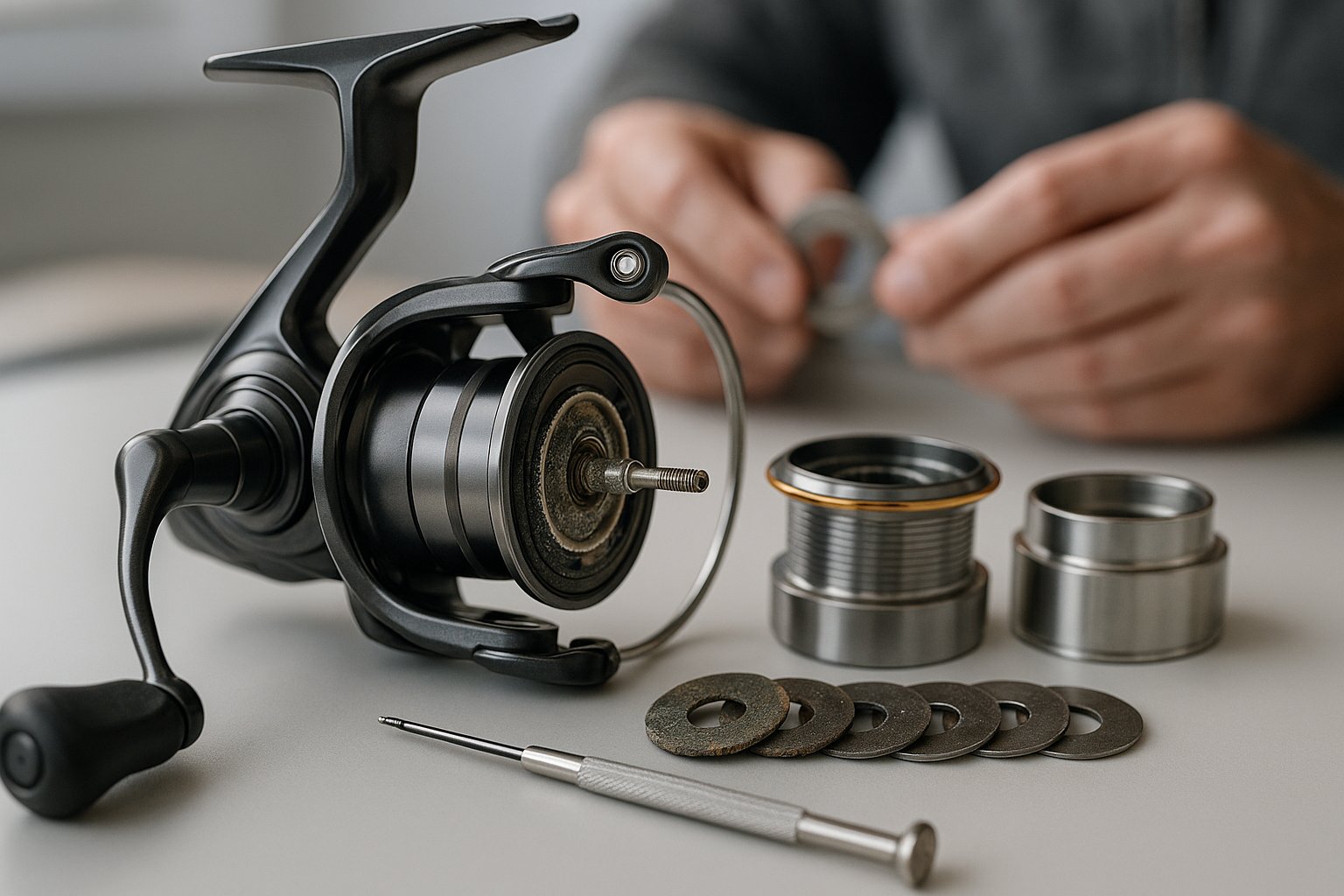 Disassembled fishing reel drag parts on a clean workbench.