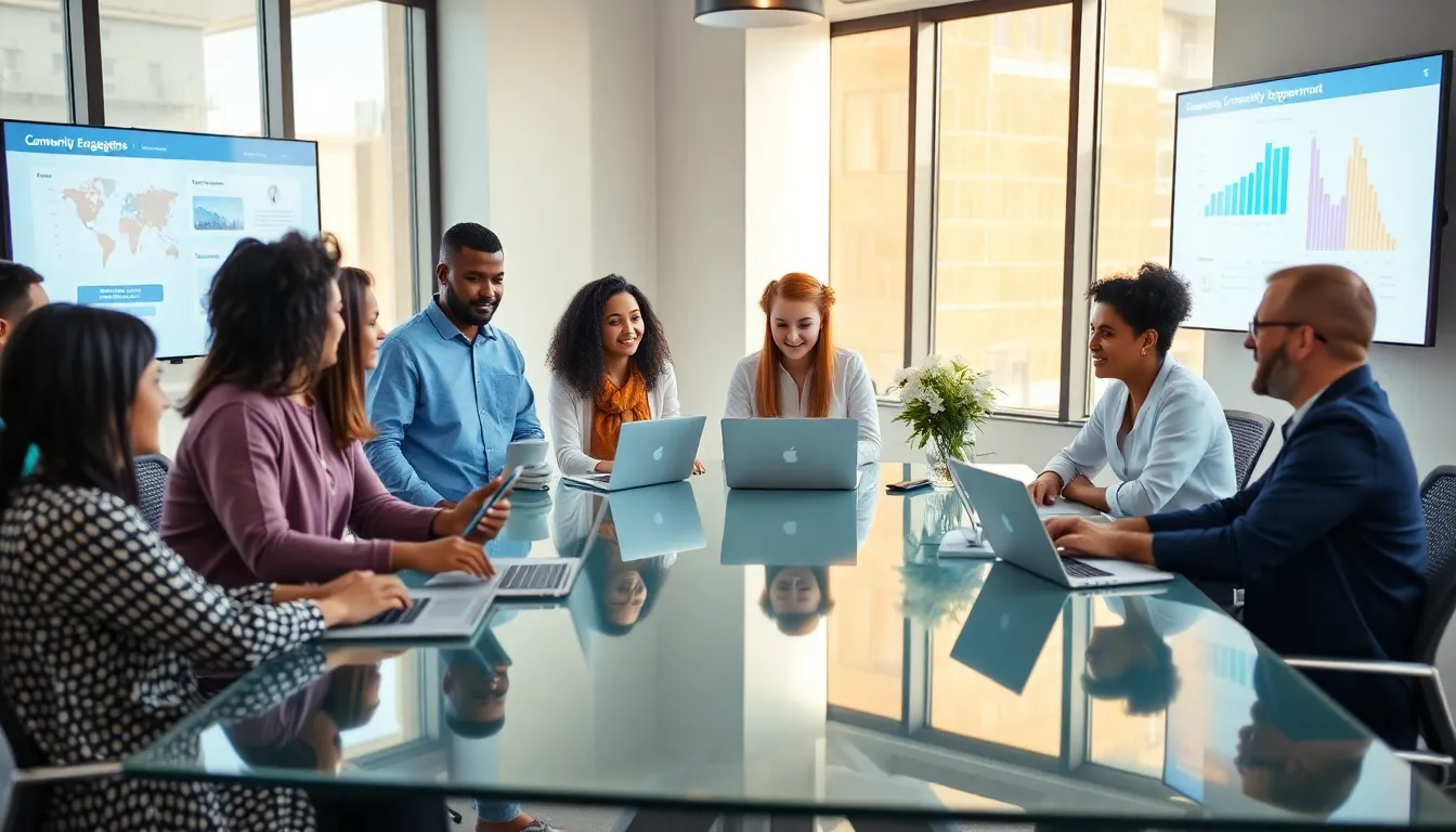 diverse team collaborating on community empowerment project in a modern office.
