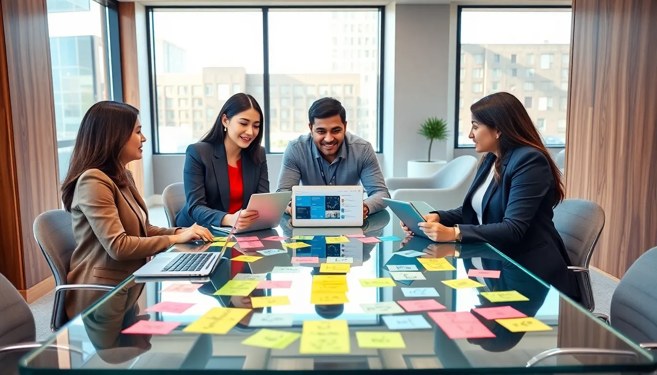 diverse team brainstorming in a modern office setting.