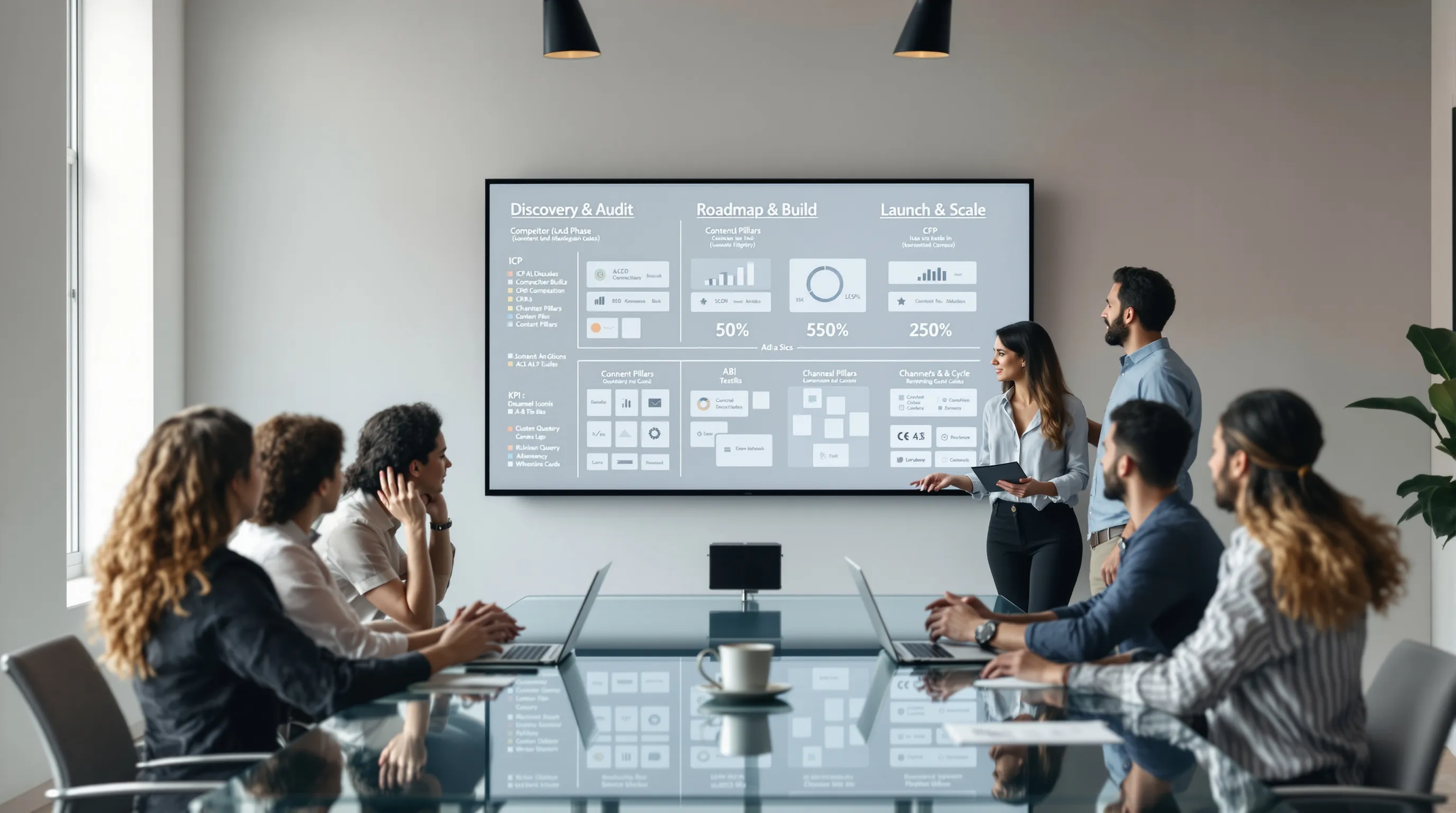 Diverse B2B marketing team reviewing phased roadmap and KPI dashboards.