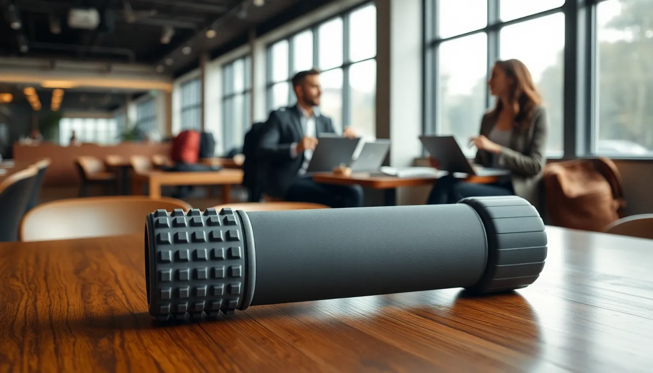 compact travel foam roller in a modern café setting.