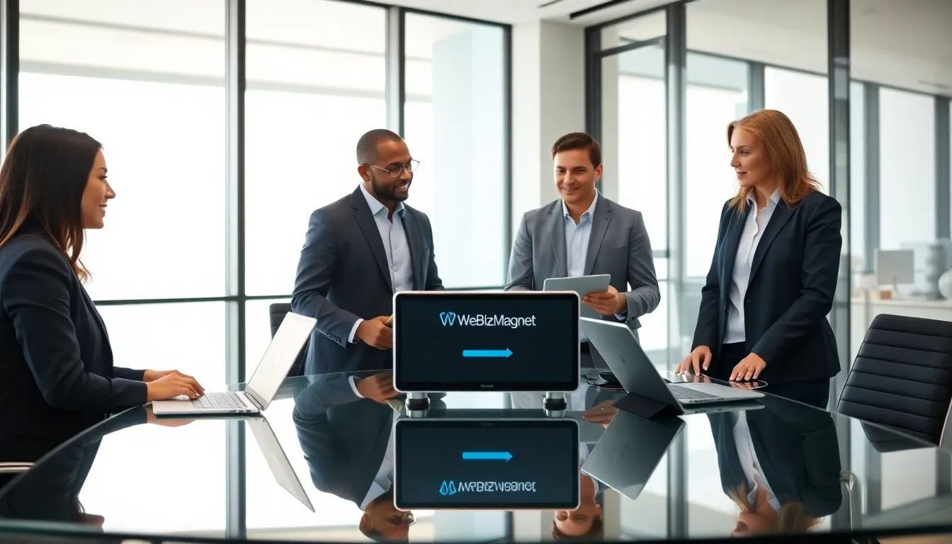 diverse professionals collaborating around WebBizMagnet hardware in a modern office.