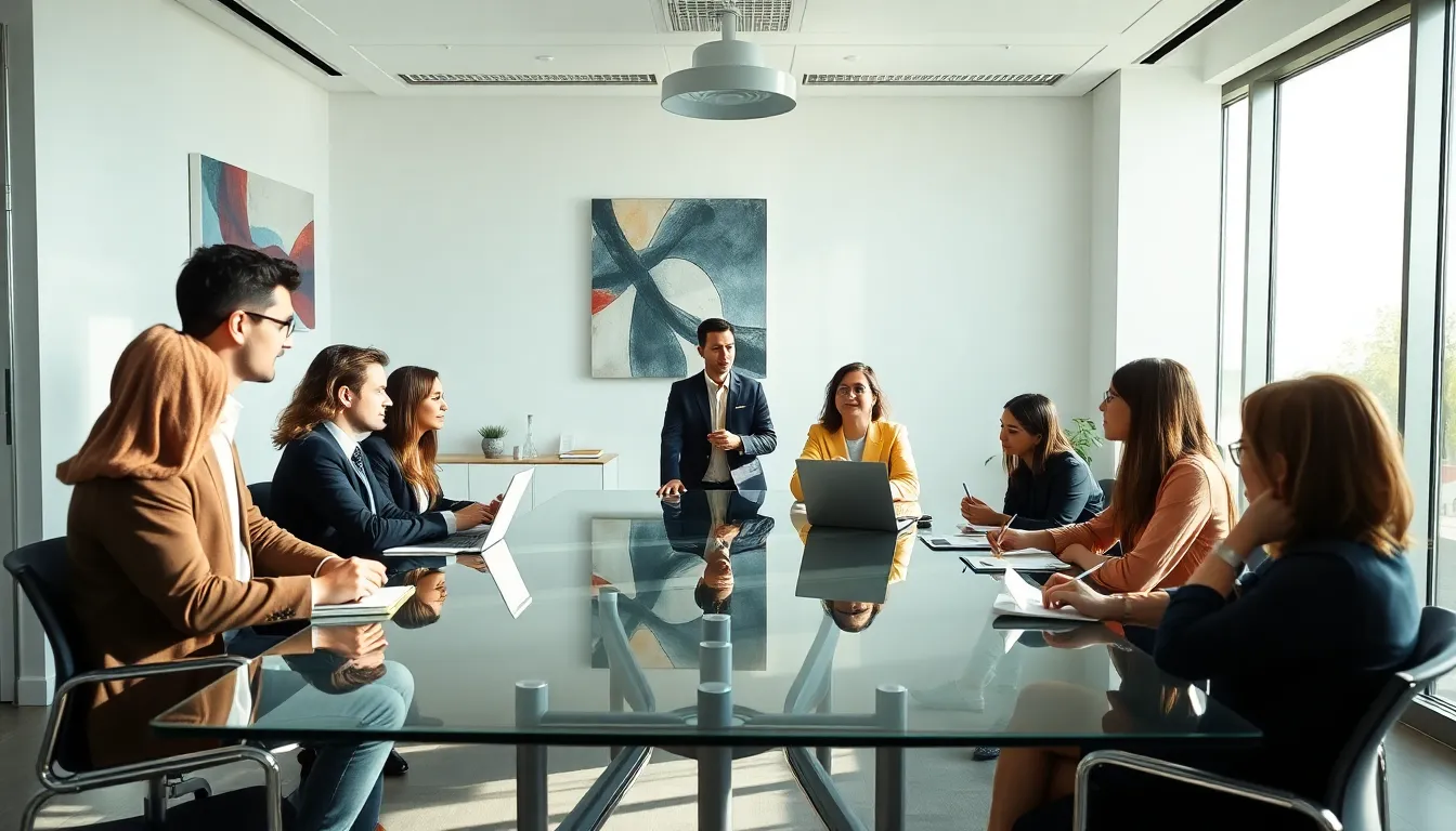 diverse professionals discussing academic journals in a modern office.