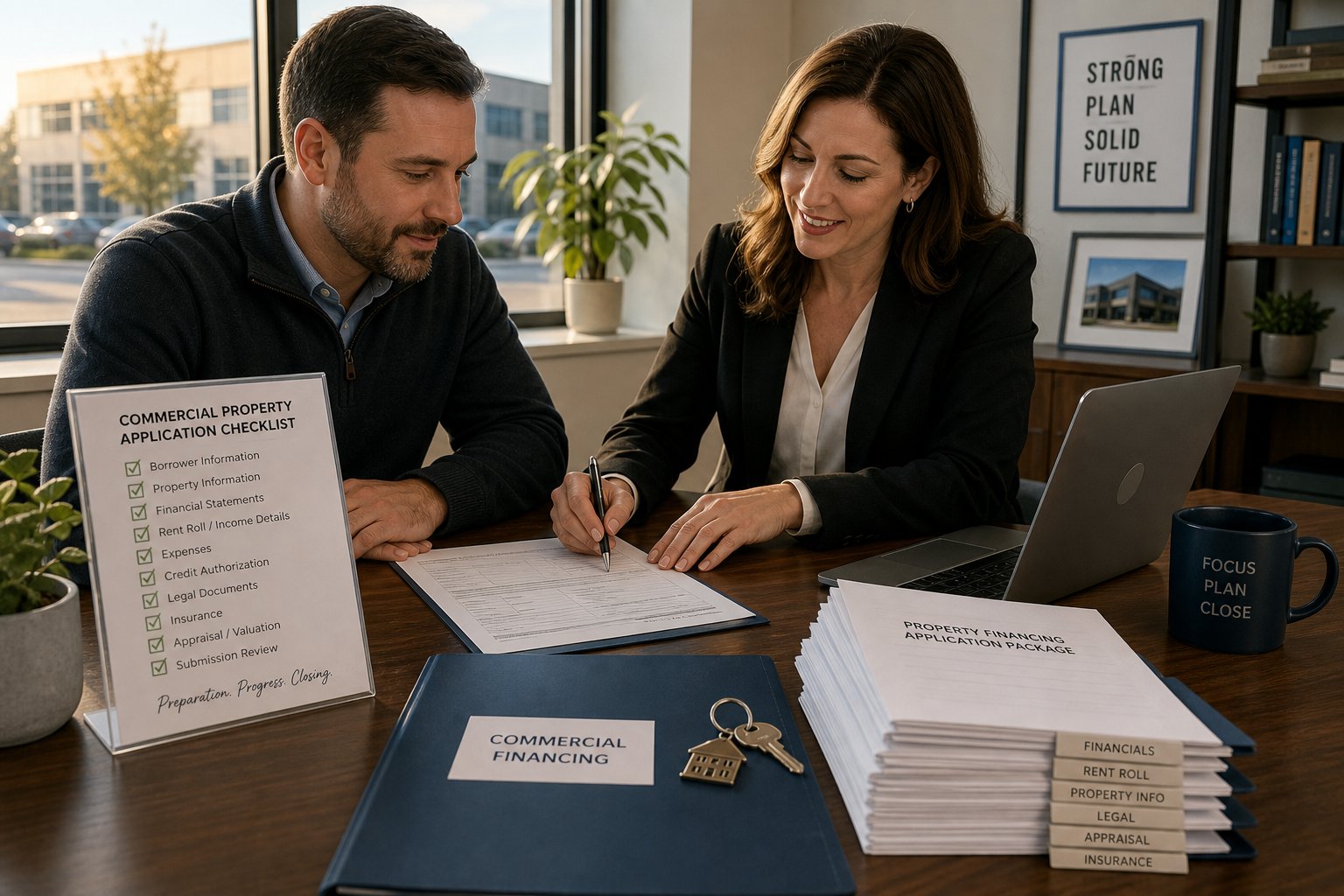 Commercial Mortgages In Haslingden 7 Client and advisor completing a commercial property application in an organized office.