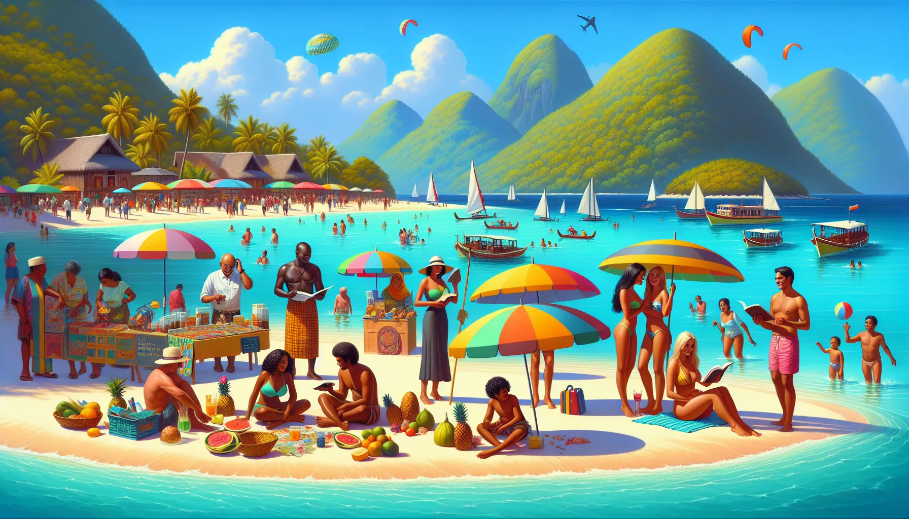 tourists enjoying beaches and markets on Beevitius Islands.