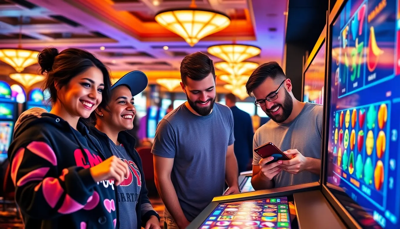 gamers excitedly playing an interactive online slot game in a casino.