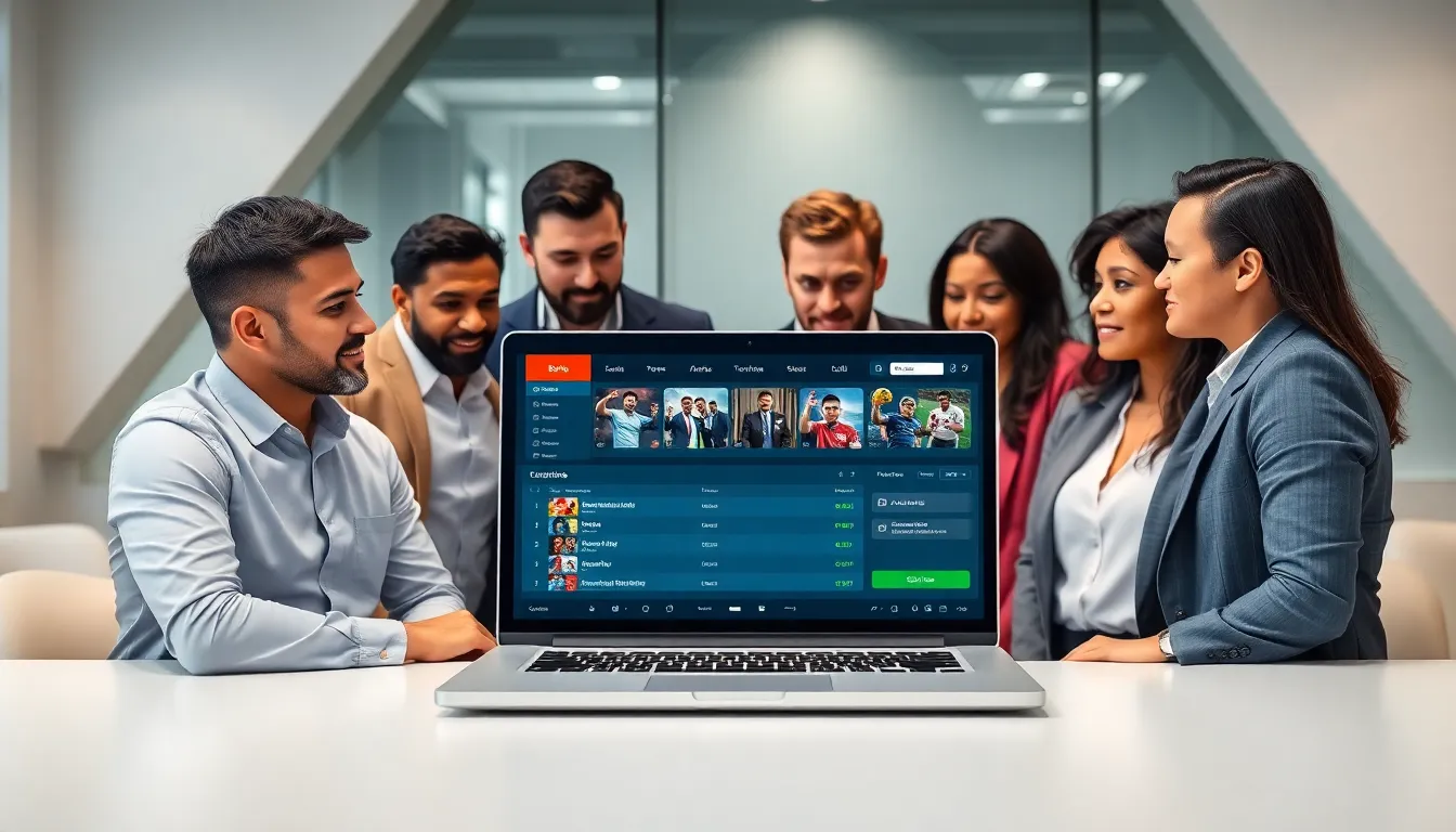 diverse professionals exploring a betting platform in a modern office.