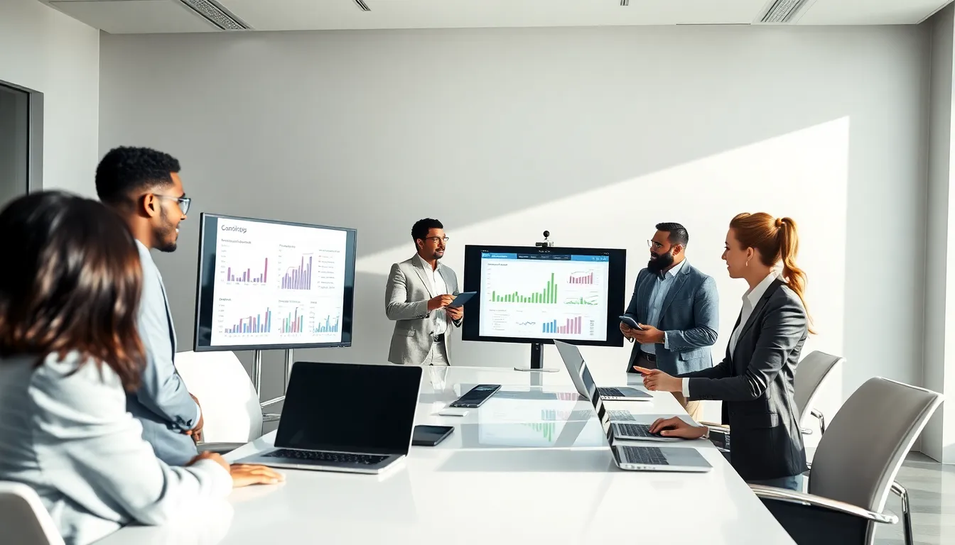 diverse team discussing manufacturing costing software in a modern office.