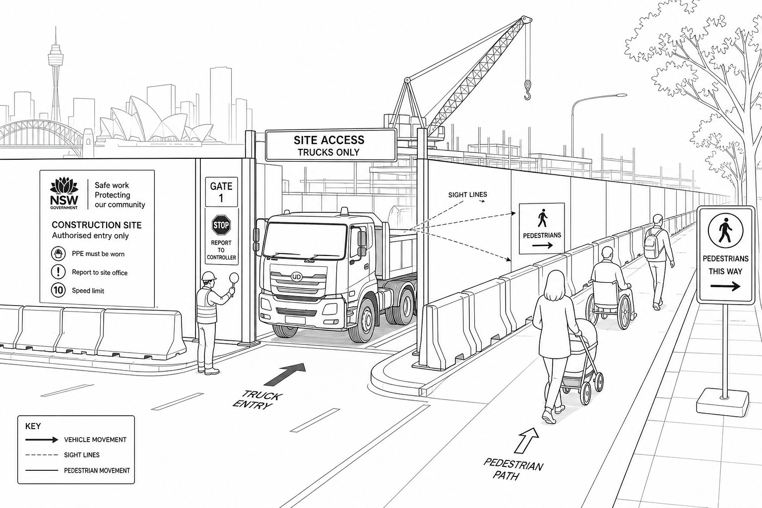 Sydney construction site with safe pedestrian path and planned vehicle access.