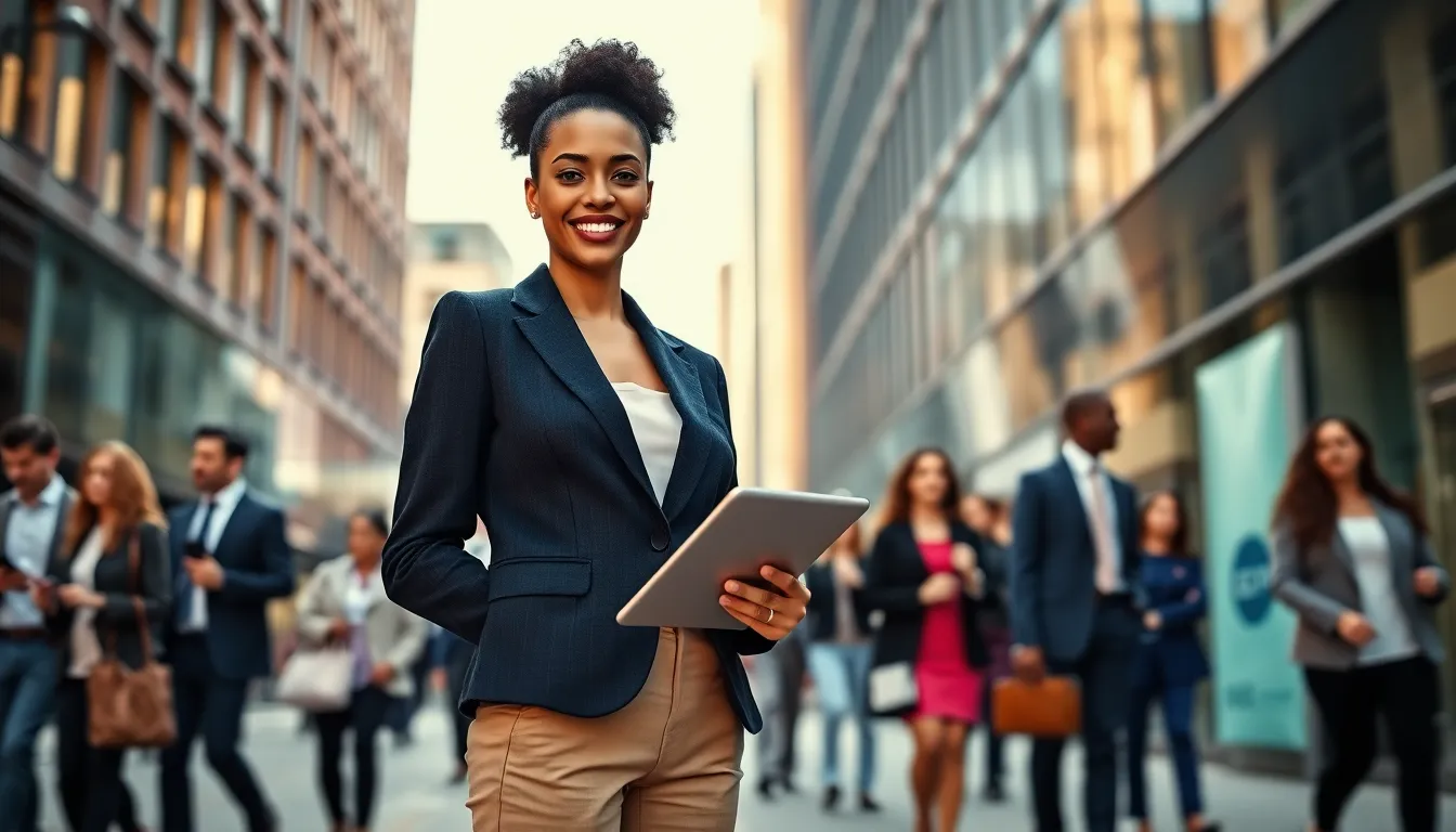A professional woman in stylish attire stands confidently in a bustling city.