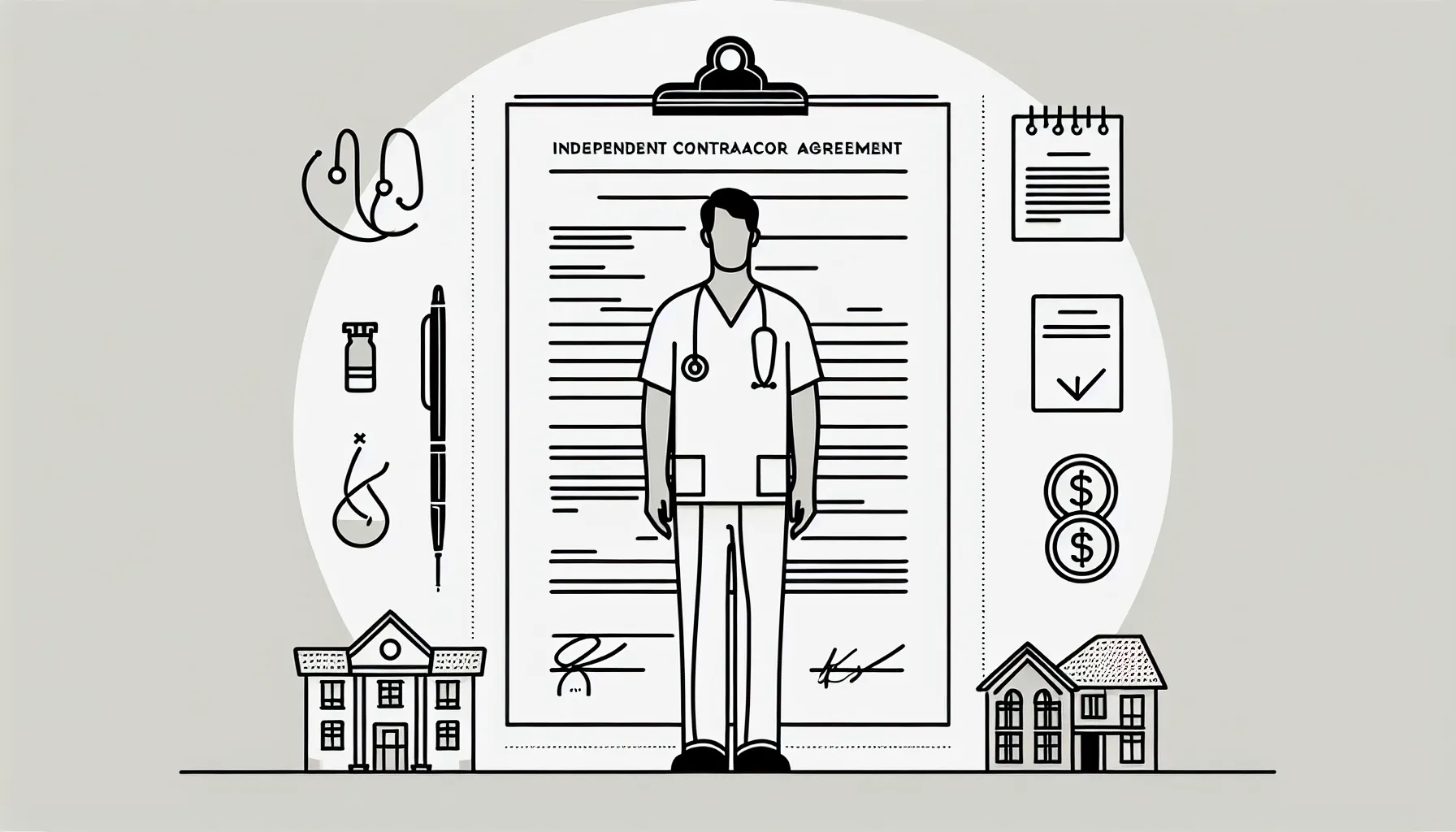 Dentist beside an independent contractor agreement with 1099, clinic, and responsibility icons of Dentist Independent Contractor Review.
