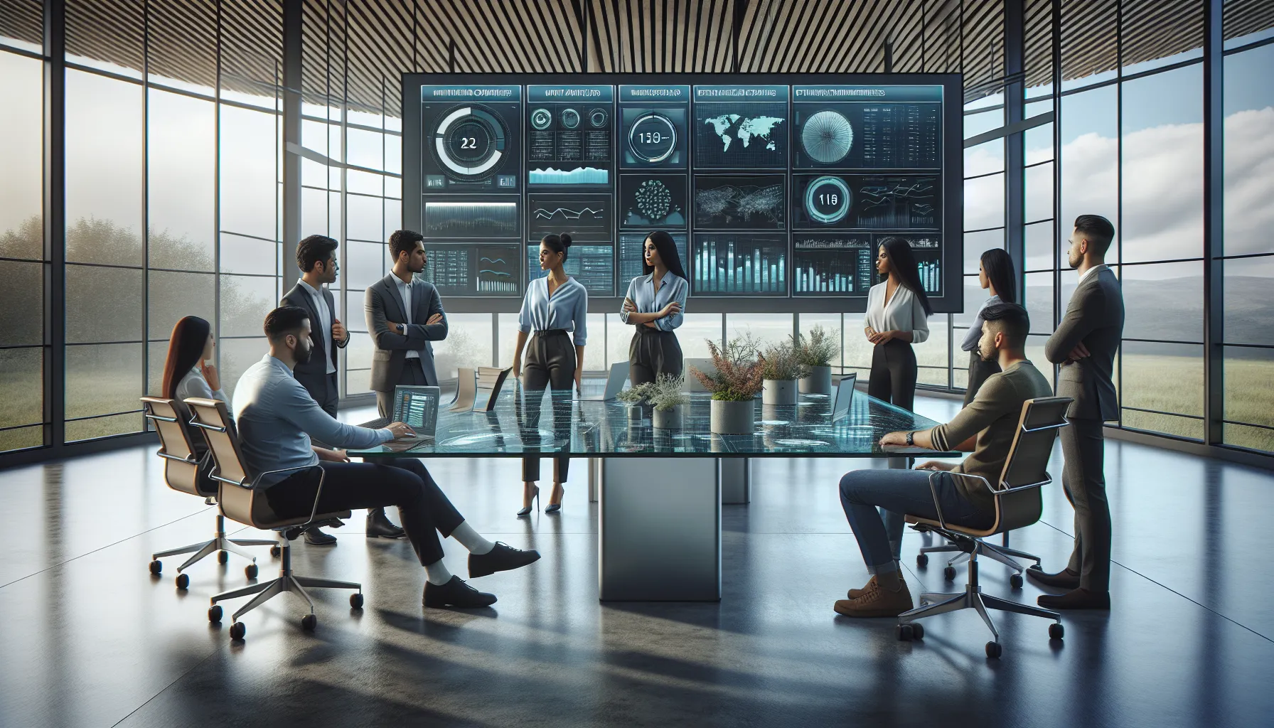 IT professionals collaborating in a modern control room with real-time data displays.