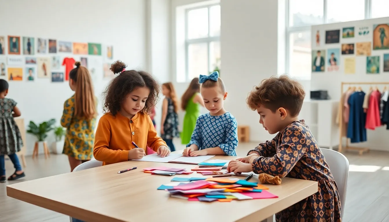 children designing fashion outfits in a creative studio.