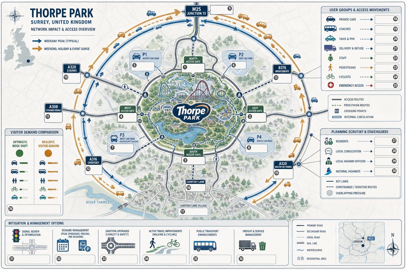 Infographic of Thorpe Park traffic pressures, access routes, users, and planning constraints.
