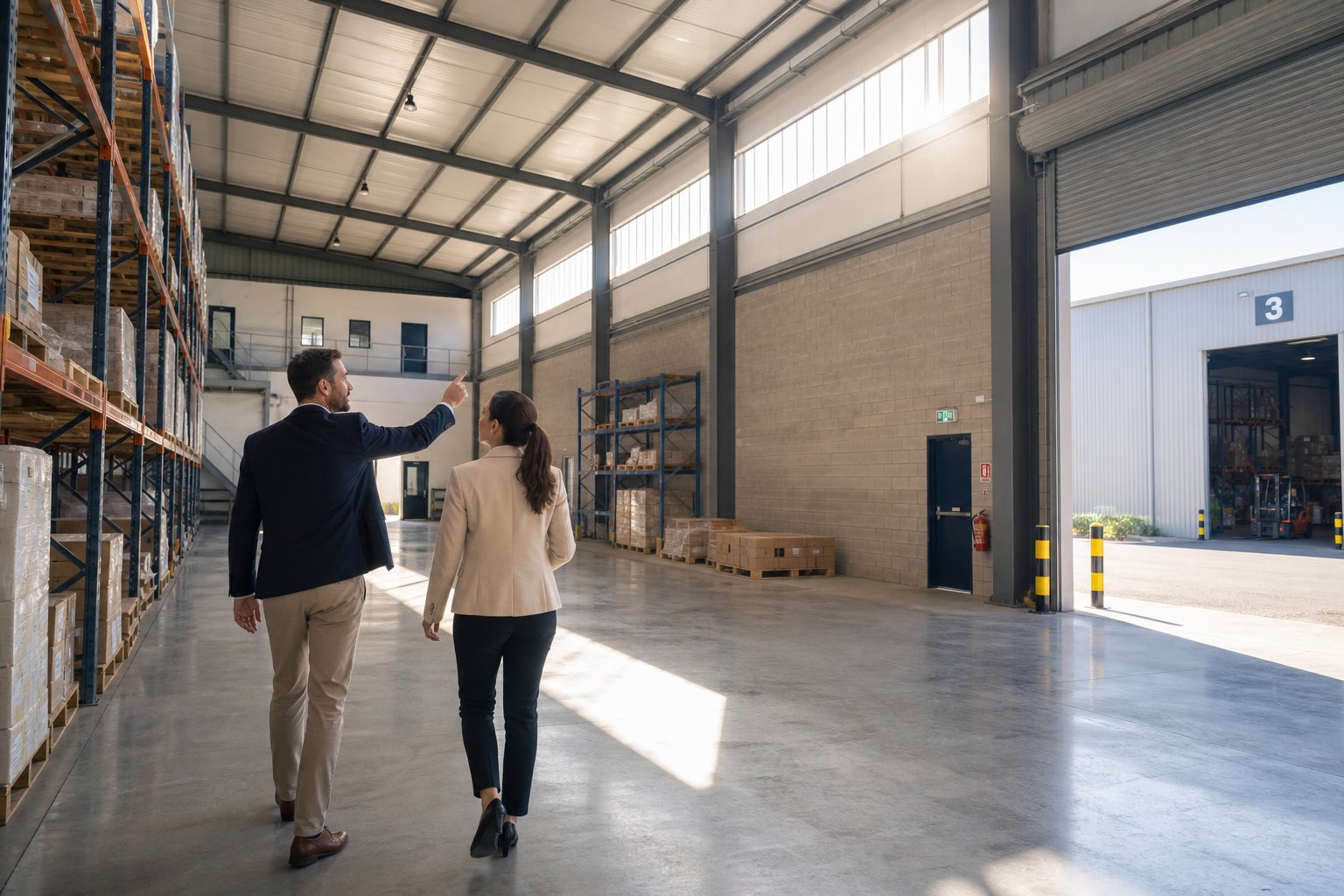Business owner and mortgage adviser walking through a warehouse interior with sunlight coming through high windows.