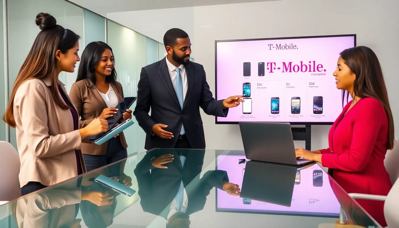 diverse team discussing T-Mobile compatible phones in a modern office.