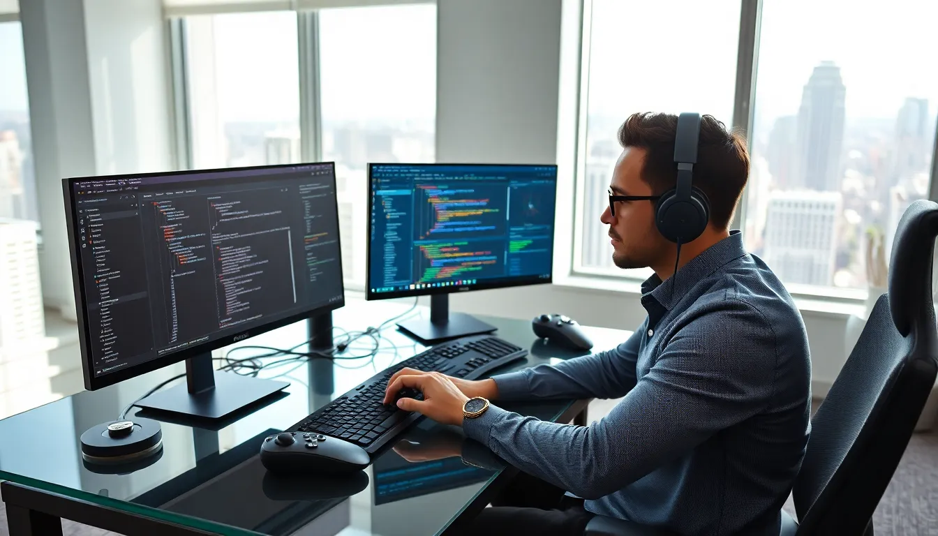 developer working on software patches at a modern workstation.