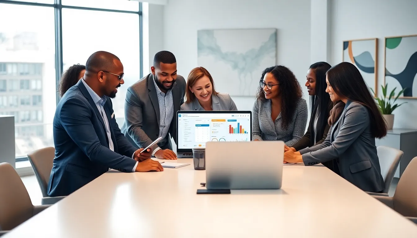 diverse team collaborating in a modern office setting.