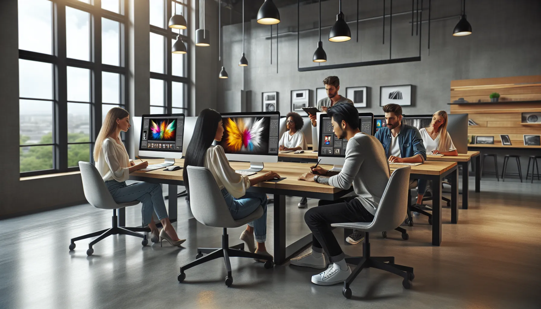 diverse group of students learning Photoshop in a modern classroom.