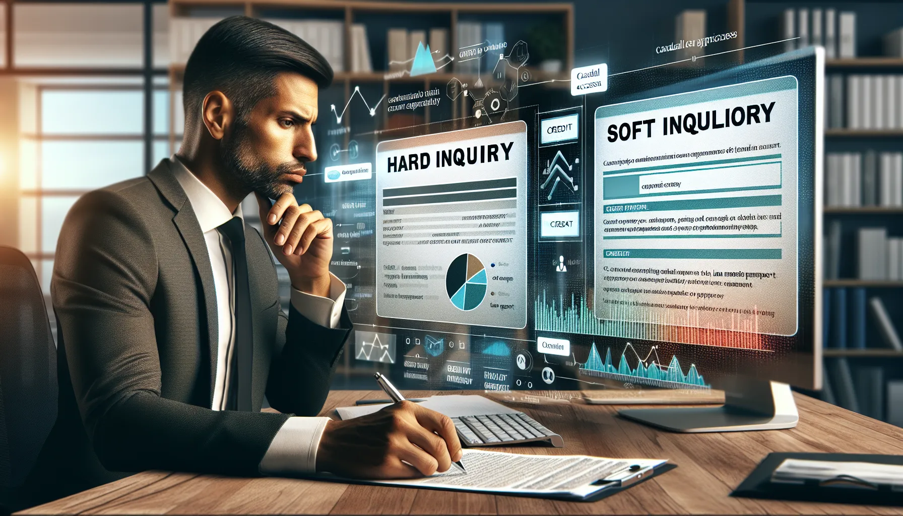 An office scene illustrating types of credit inquiries and their differences.