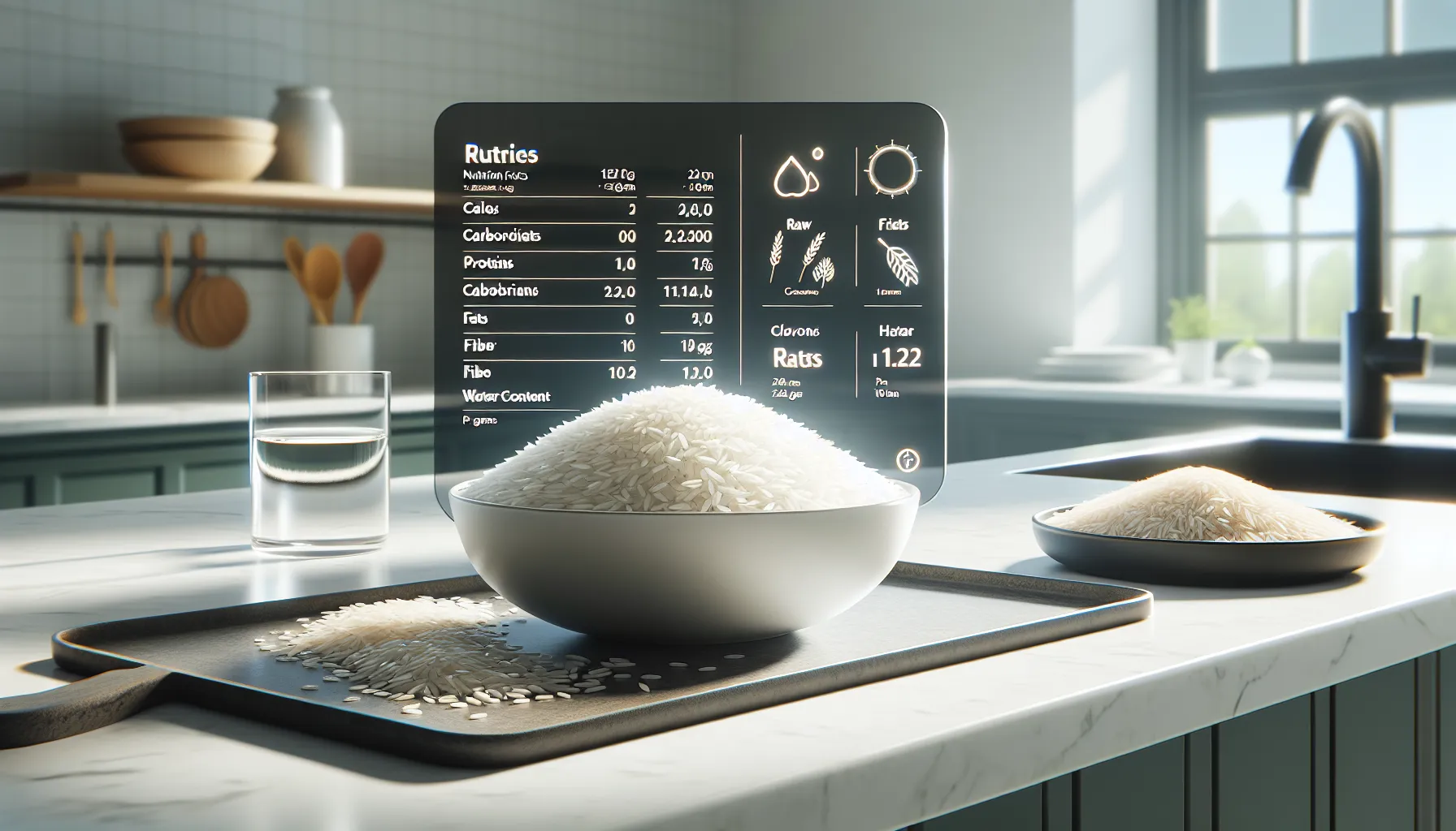 Bowl of cooked rice next to a nutrition facts chart in a bright kitchen.