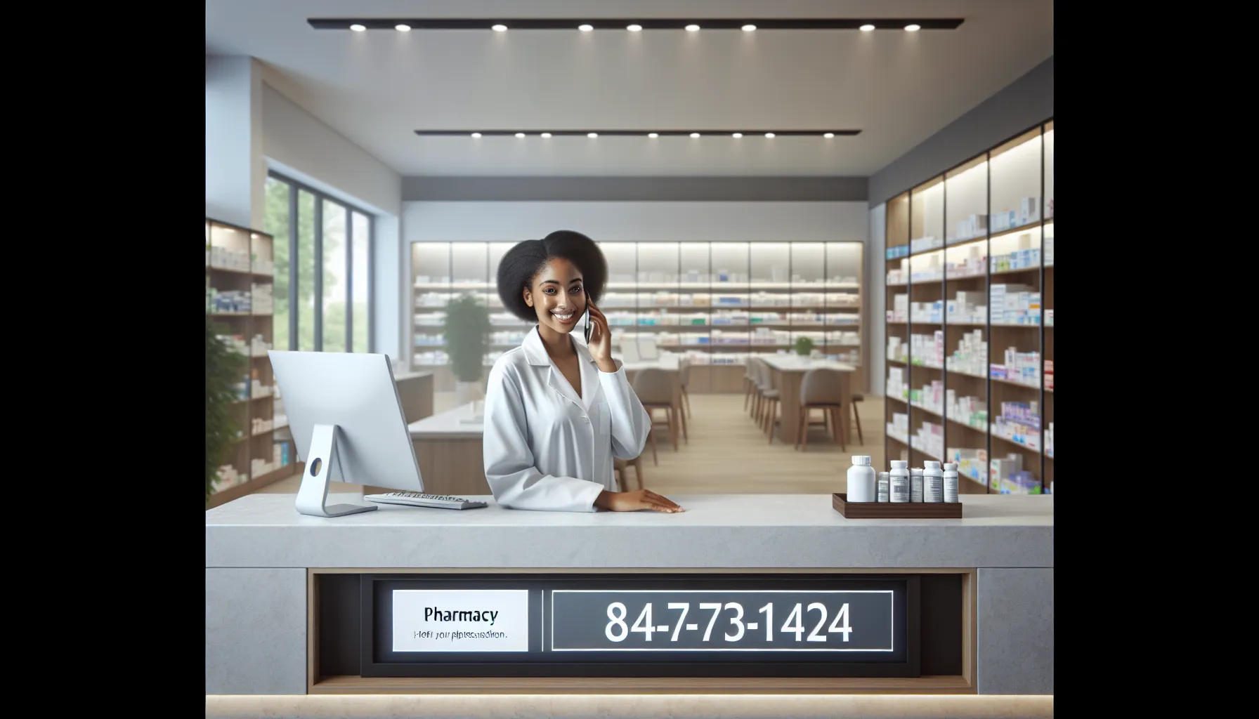 pharmacist assisting a customer at a modern pharmacy.