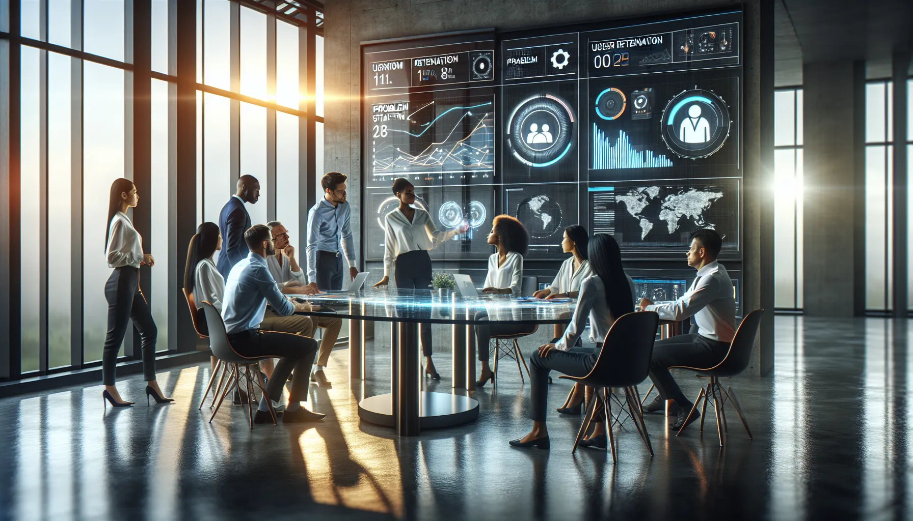 diverse team discussing problem simulators in a modern office.