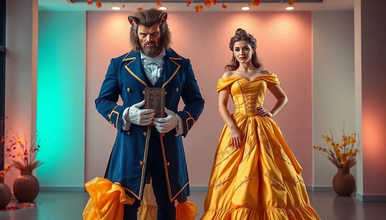 couple in 'Beauty and the Beast' Halloween costumes.