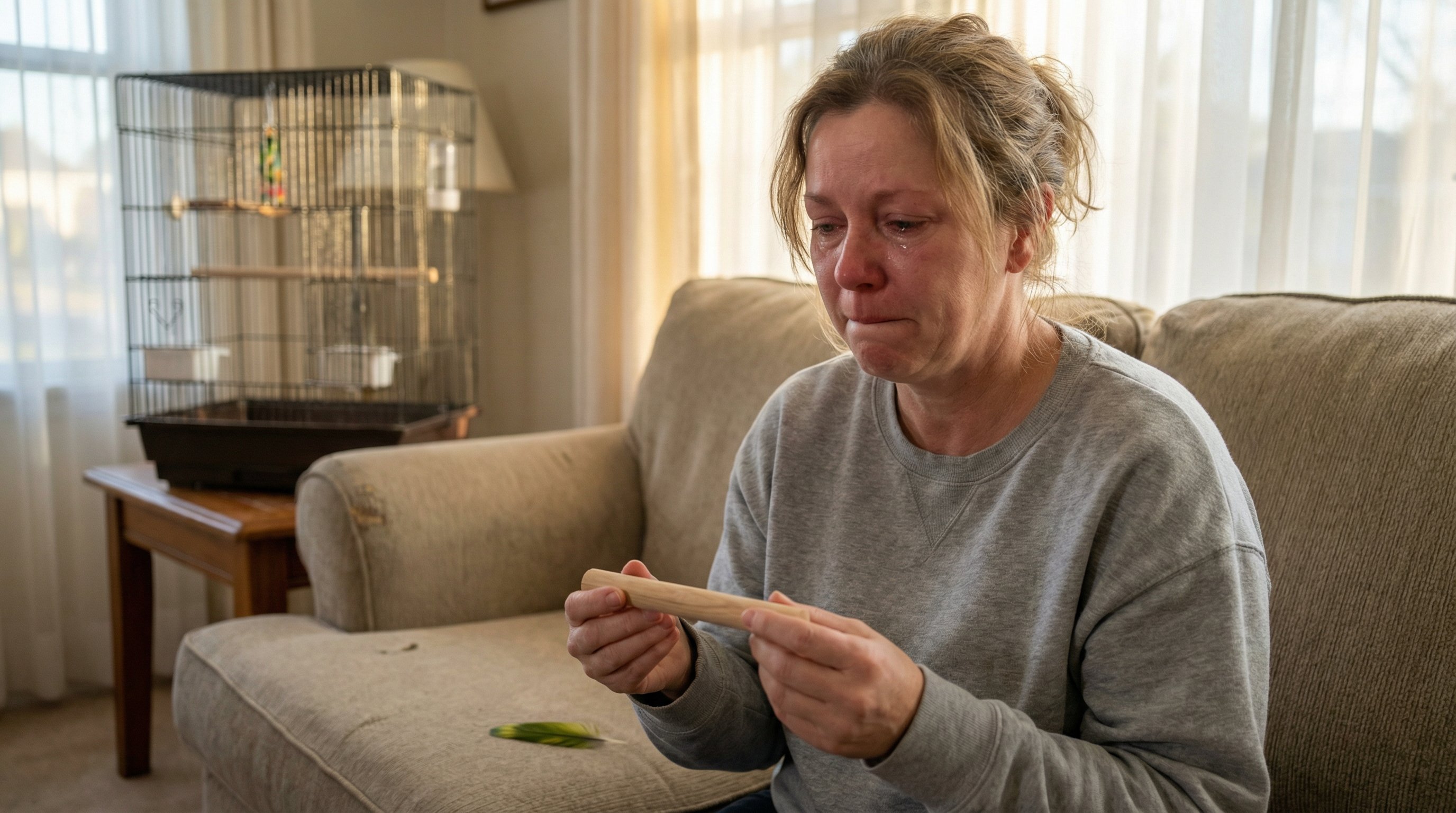 A grieving woman holds an empty bird perch beside an open, vacant birdcage.