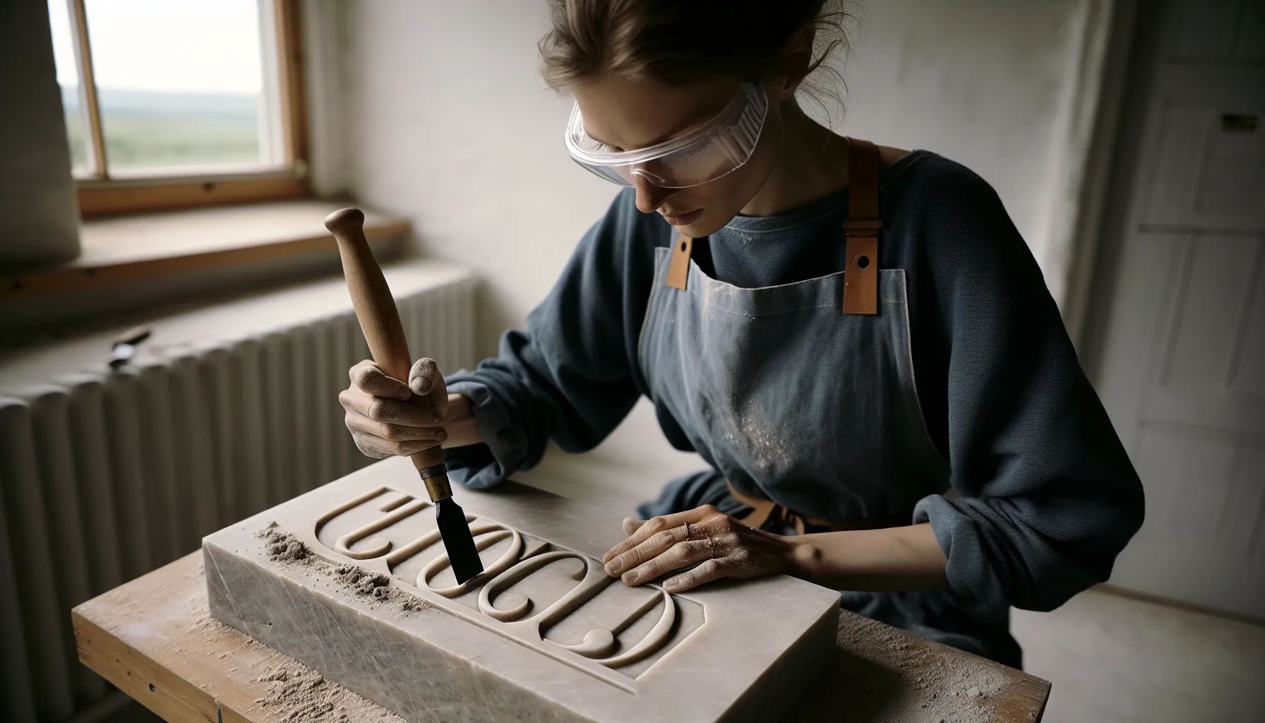 Historien bak typografiske termer: fra serif til sans-serif 3 Conservator chisels trajan-style serif into limestone in a sunlit workshop.