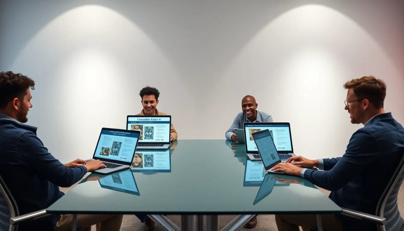 diverse group of gamers using ck2generator.com in a modern office.