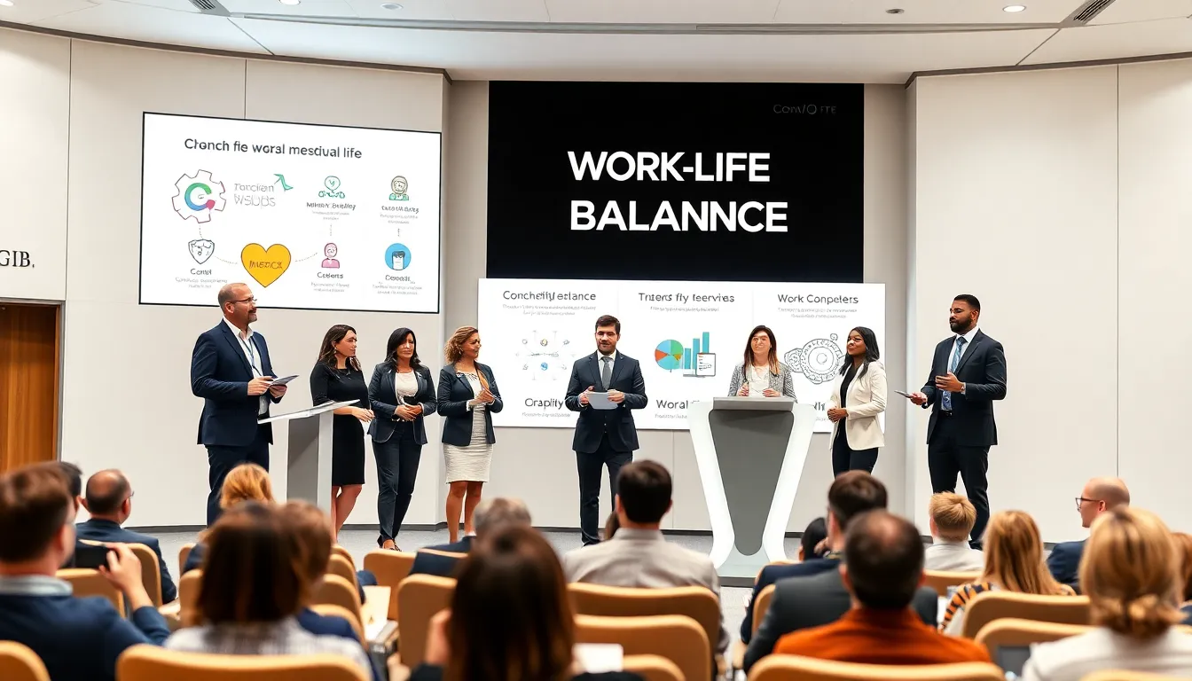 diverse speakers discussing work-life balance at a conference.
