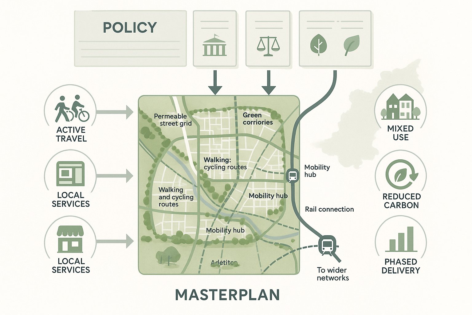 UK garden village transport strategy linking policy layers to sustainable village layout.