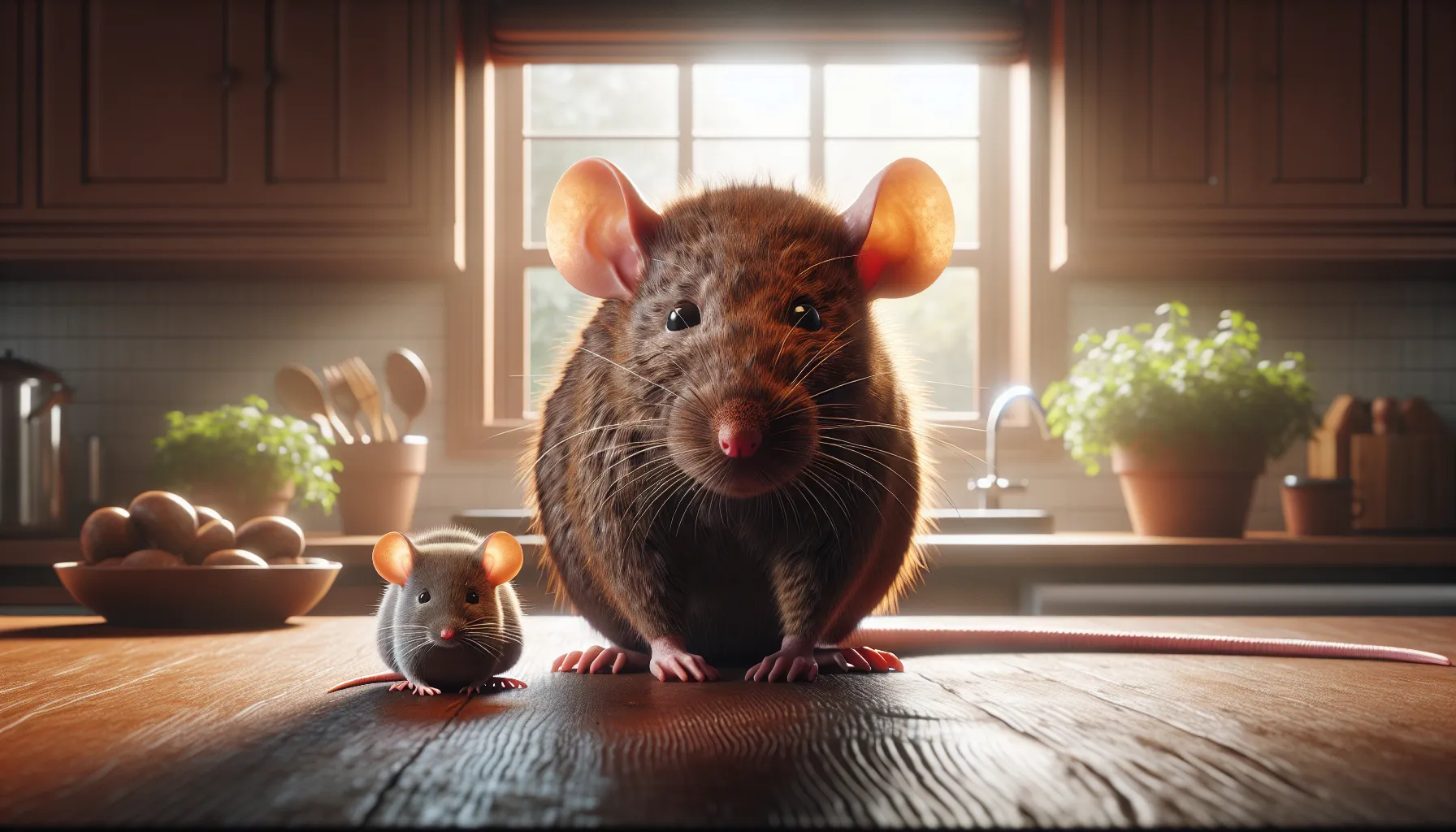 a rat and mouse side-by-side on a kitchen table for comparison.