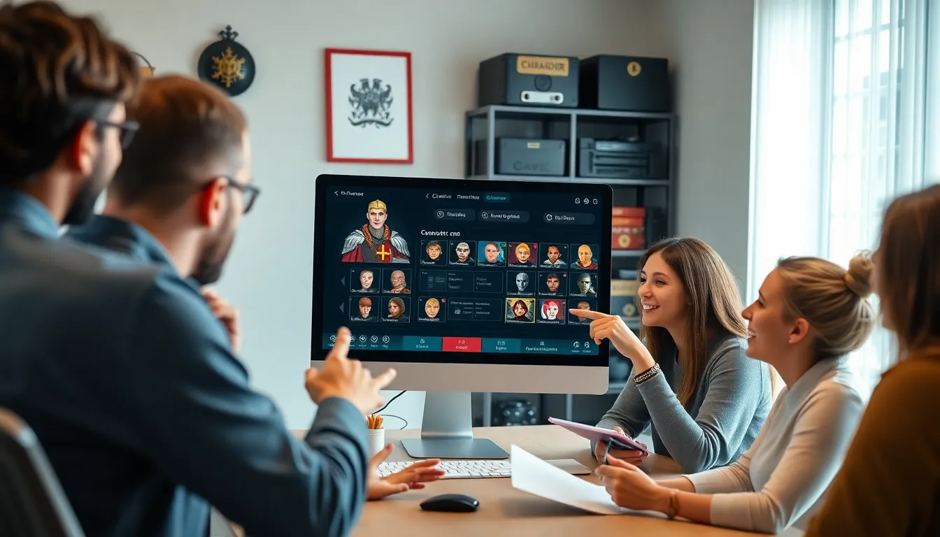diverse group discussing character creation in a modern office.