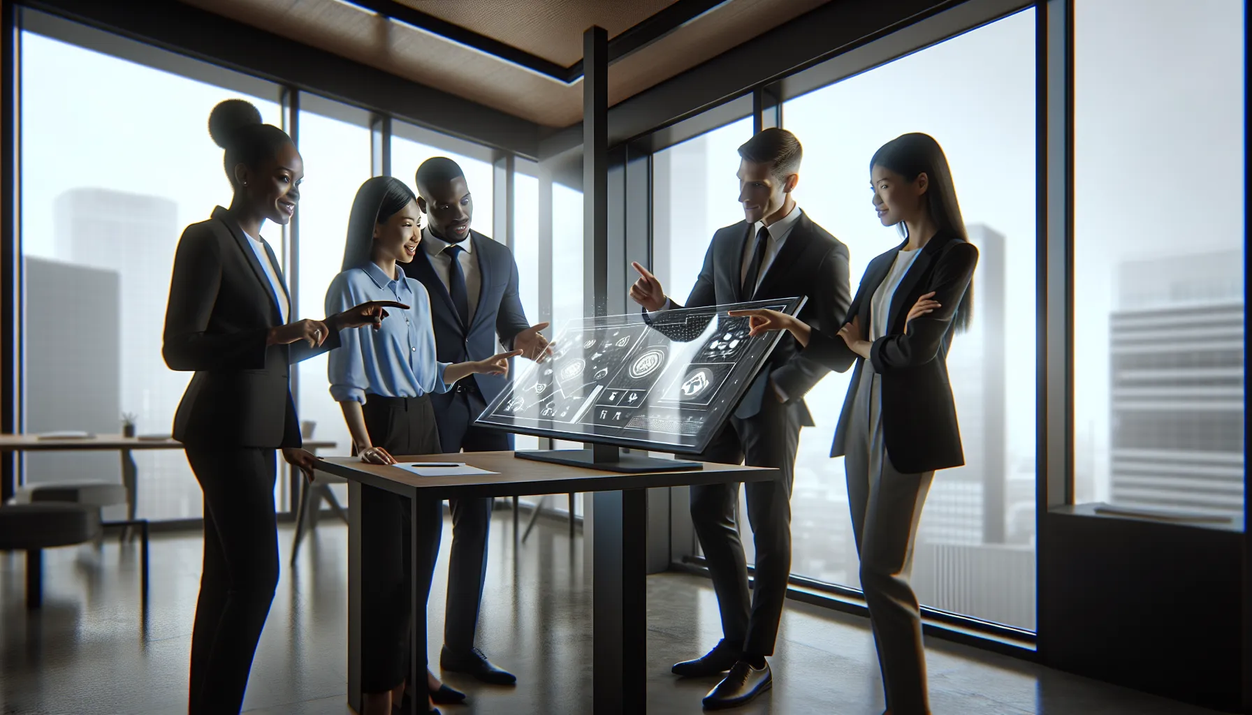 diverse team collaborating over the Emwatki6 digital platform in a modern office.