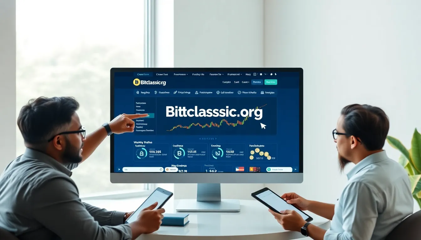 Team discussing cryptocurrency at a modern workspace with Bitclassic.org on screen.