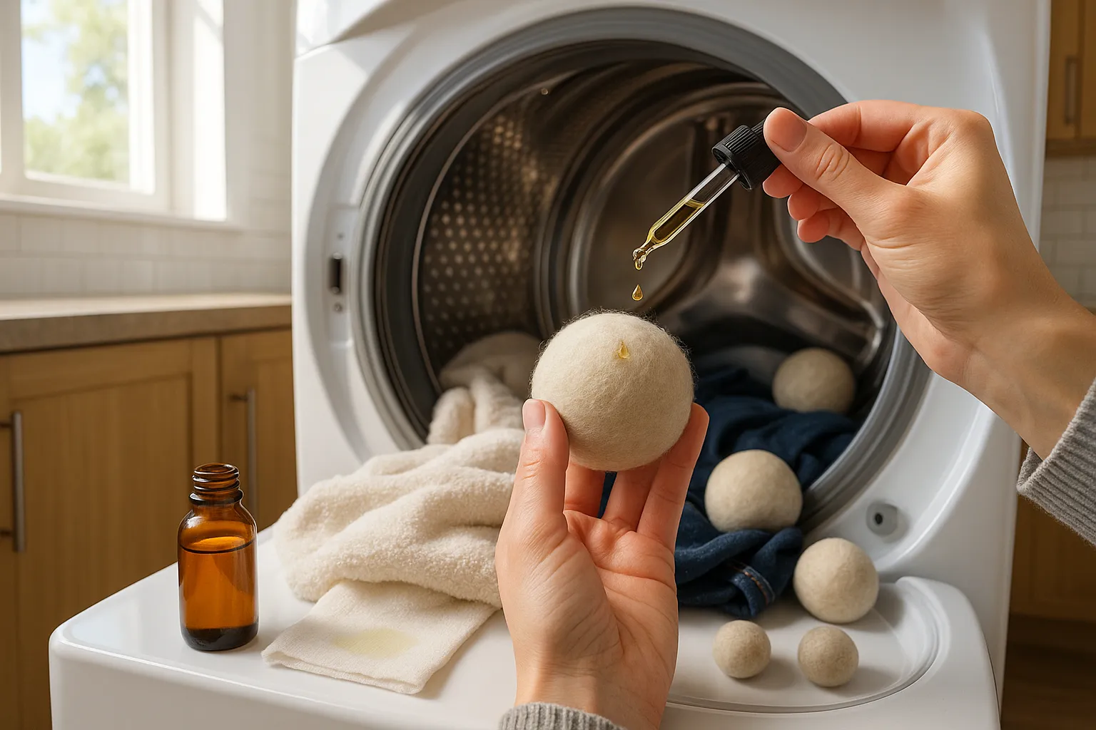 Hand applying oil to a wool dryer ball over a mixed wet load in dryer.