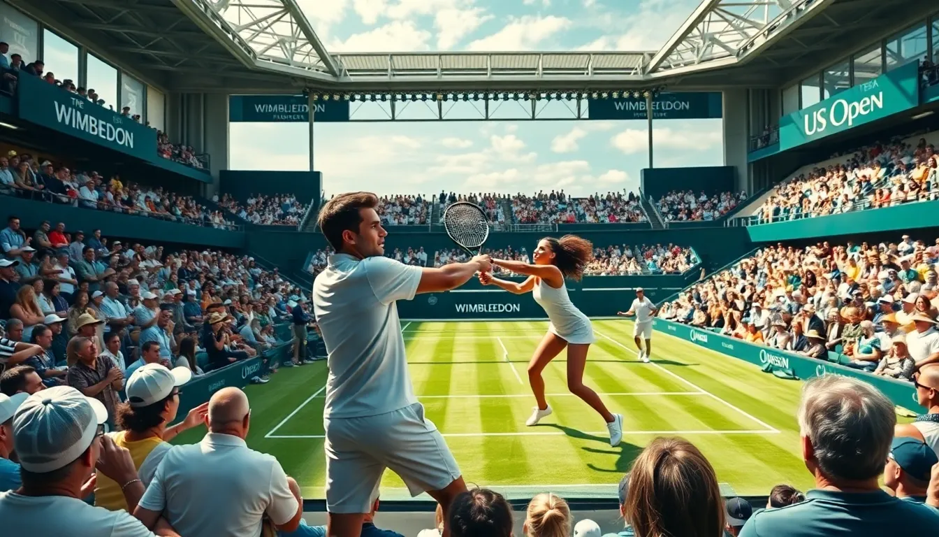 tennis players competing with excited fans in the background.